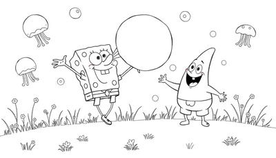 Coloriage de Bob l'Éponge et Patrick jouant avec un ballon, avec des méduses et des fleurs.