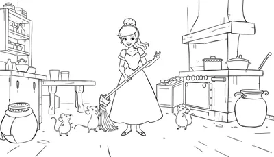 Dessin en noir et blanc d'une jeune femme ressemblant à Cendrillon avec ses quatre souris dans une cuisine animée. Elle balaye le sol tandis que les souris l'aident ou la regardent.