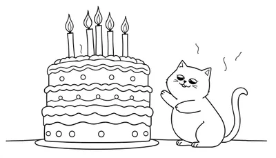 Coloriage d'un chat heureux devant un gâteau d'anniversaire à plusieurs étages avec des bougies allumées.