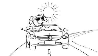 Dessin au trait d'un chien cool conduisant une voiture décapotable, portant des lunettes de soleil et une écharpe, sous un soleil éclatant sur une route sinueuse.