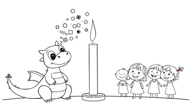 Coloriage d'un dragon de dessin animé souriant crachant des bulles carrées et rondes, avec quatre petites filles regardant une bougie allumée.