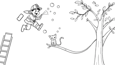 Dessin au trait d'un enfant pompier lançant des bulles près d'un arbre avec un chat sur une branche et une échelle.
