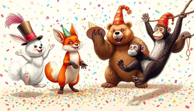 Un coloriage montrant un lapin blanc, un renard roux, un ours brun et deux singes portant des chapeaux de fête et entourés de confettis.