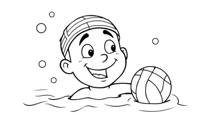 Dessin au trait d'un jeune garçon souriant avec un bonnet de bain et un ballon, entouré de bulles dans l'eau.