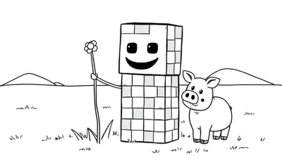 Dessin en noir et blanc d'un grand personnage en blocs souriant, tenant une fleur au bout d'un bâton, à côté d'un petit cochon amical. Arrière-plan simple avec des collines et de l'herbe.