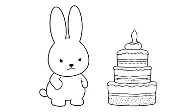 Dessin au trait d'un lapin grincheux à côté d'un gâteau d'anniversaire à étages.