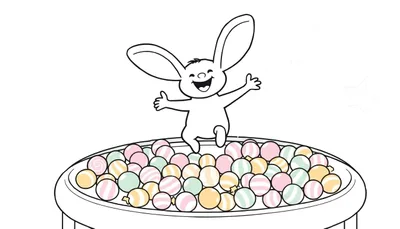 Coloriage d'un lapin heureux dans un panier de boules multicolores, style dessin animé pour enfants.