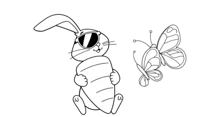 Dessin au trait d'un lapin cool avec des lunettes de soleil et une carotte, à côté d'un papillon, prêt à être colorié.