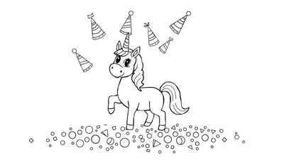 Coloriage d'une licorne magique avec des chapeaux de fête tombant autour d'elle et des formes géométriques en bas.