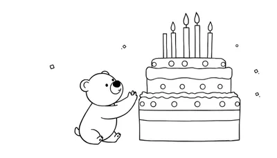 Dessin au trait d'un petit ours assis, levant ses pattes vers un grand gâteau d'anniversaire à quatre étages avec cinq bougies allumées et des confettis flottant autour.