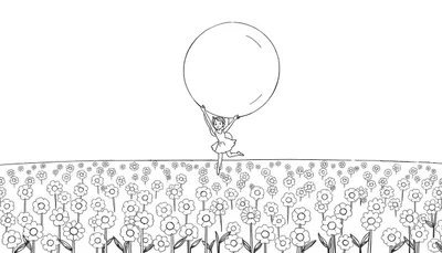 Dessin au trait d'une petite fille souriante dansant avec un gros ballon rond au milieu d'un champ de fleurs simples, arrière-plan blanc.