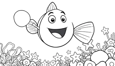 Coloriage d'un poisson souriant dans un monde sous-marin coloré avec des étoiles de mer.