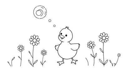 Dessin au trait d'un poussin souriant marchant dans un champ de fleurs avec des bulles de pensée et un soleil.