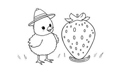 Coloriage d'un poussin avec un chapeau à côté d'une grande fraise et de l'herbe.