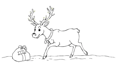 Dessin au trait d'un renne de dessin animé portant des lumières de Noël sur ses bois, un collier décoré et un foulard, avec un cadeau emballé à côté. Dessin en noir et blanc sur fond blanc pour coloriage.