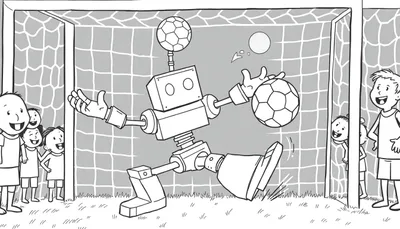 Dessin au trait d'un robot gardien de but jouant au football avec des enfants sur un terrain.