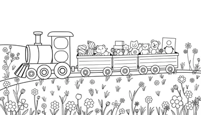 Dessin au trait en noir et blanc d'un train de jouets coloré traversant un champ de fleurs joyeuses.