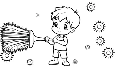 Dessin au trait d'un jeune garçon souriant tenant un plumeau, entouré d'icônes de cellules ou de germes stylisés.