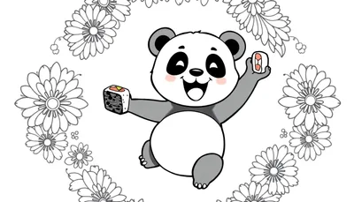 Coloriage d'un panda de dessin animé souriant tenant des sushis et entouré de fleurs.