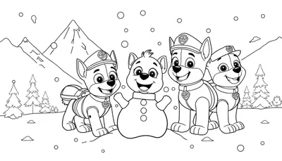 Coloriage de la Pat' Patrouille jouant dans la neige avec un bonhomme de neige.