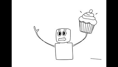Dessin au trait d'un robot avec une tête carrée, de grands yeux et une bouche ouverte, tenant une cupcake au-dessus de sa tête. Fond blanc avec des barres noires sur les côtés.