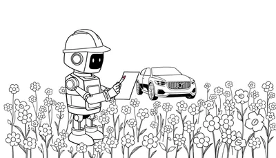 Coloriage d'un robot avec un casque de sécurité dessinant une voiture rouge Volvo dans un champ de fleurs.
