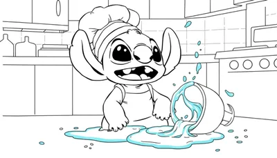 Coloriage de Stitch déguisé en chef cuisinier, entouré d'une cuisine en désordre avec une gamelle renversée et des éclaboussures d'eau.