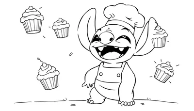 Dessin de coloriage de Stitch le chef tenant un cupcake et entouré de cupcakes flottants.