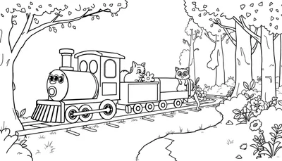 Coloriage d'un train de dessin animé conduit par un chat à trois yeux dans une forêt avec un raton laveur.