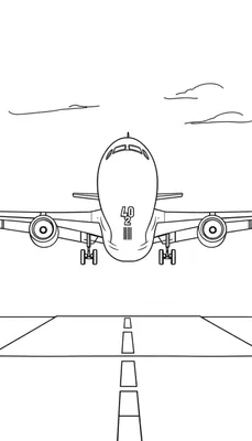 Dessin au trait noir et blanc d'un avion de ligne vu de face, avec train d'atterrissage baissé, sur une piste.