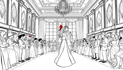 Dessin au trait noir et blanc d'une page à colorier: un couple danse au centre d'une grande salle de bal, la femme porte une robe longue et un nœud rouge vif. Des invités sont alignés sur les côtés, observant la scène. La salle est décorée de moulures, de pilastres, de grandes fenêtres cintrées et