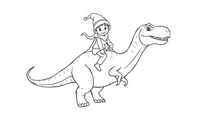 Dessin au trait noir et blanc pour coloriage d'un grand dinosaure amical ressemblant à un T-Rex, tourné vers la droite, avec un petit lutin joyeux portant un bonnet pointu assis sur son dos.