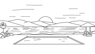 Page à colorier représentant un paysage de vacances avec des montagnes, le soleil, un lac, une fleur, un parasol et une piscine.