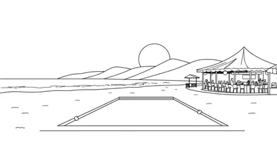 Dessin au trait noir et blanc pour page à colorier d'une plage tropicale avec restaurant, piscine, kiosque, mer et soleil.