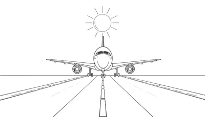 Dessin au trait d'un avion de ligne vu de face sur une piste, avec un soleil stylisé dans le ciel.