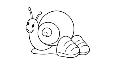 Page à colorier d'un escargot au trait noir et blanc, souriant, avec une coquille en spirale et deux pieds humains chaussés.