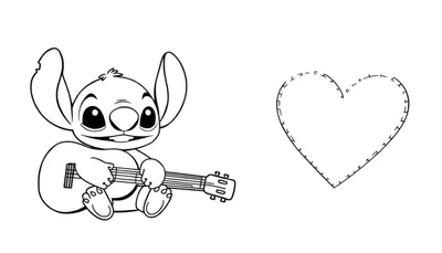 Dessin au trait noir et blanc d'une page à colorier montrant le personnage de Stitch jouant de la guitare à gauche et un cœur dessiné avec des tirets à droite.