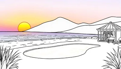 Page à colorier d'un paysage tropical au coucher du soleil avec une plage, une piscine, un kiosque de plage et des montagnes.