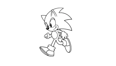 Dessin au trait de Sonic le Hérisson souriant et courant vers la droite, prêt à être colorié.