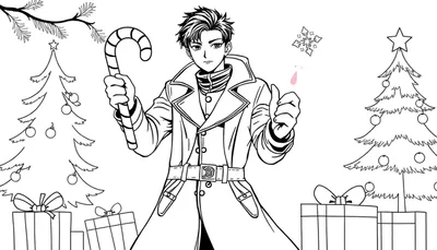 Dessin au trait de page à colorier: un jeune homme style anime avec un manteau d'hiver, une canne en sucre, faisant un pouce levé, devant deux sapins de Noël ornés de boules et d'étoiles, avec des cadeaux au pied. Ambiance hivernale festive.