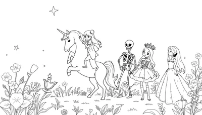 Dessin au trait noir et blanc d'une page à colorier: une licorne cabrée avec une cavalière, un squelette, une princesse squelette et une femme à la robe longue, dans un champ de fleurs sous un ciel étoilé.