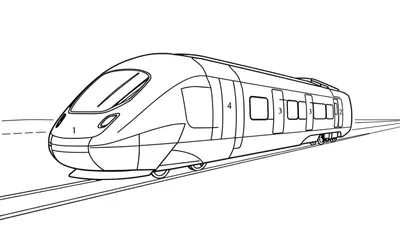 Page à colorier d'un train moderne aux lignes épurées, vu de trois quarts avant et latéral, roulant sur des rails. Le train est marqué des numéros 1, 4, 3 et 2 sur différentes sections.