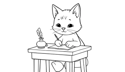 Dessin au trait noir et blanc d'un chaton de dessin animé assis derrière un bureau, tenant un stylo et écrivant sur une feuille de papier. Un encrier avec une plume est également visible sur le bureau. Fond blanc.