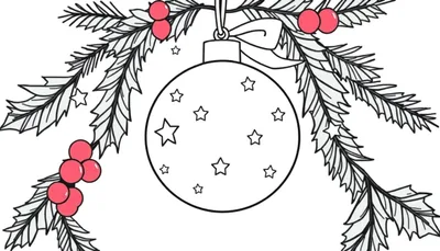 Dessin à colorier d'une boule de Noël ornée d'étoiles, entourée de branches de sapin et de houx avec des baies rouges.