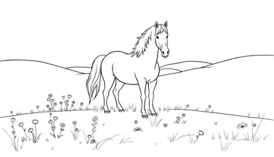 Dessin au trait d'un cheval élégant dans un pré fleuri, prêt à être colorié.
