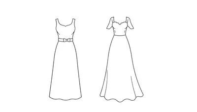 Page à colorier avec deux dessins au trait noir de robes longues. La robe de gauche est sans manches avec un décolleté en cœur et une ceinture fine. La robe de droite a des épaules dénudées et une jupe ample.