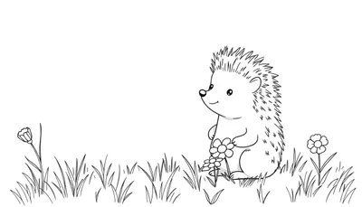 Illustration au trait en noir et blanc d'un hérisson mignon assis sur de l'herbe, tenant un petit bouquet de fleurs.