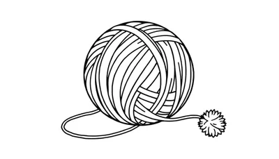 Dessin au trait noir et blanc d'une pelote de laine avec un fil et un pompon, prêt à être colorié.