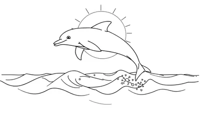 Dessin au trait d'un dauphin souriant sautant gracieusement hors de l'eau, avec des vagues, des éclaboussures et un soleil en arrière-plan.