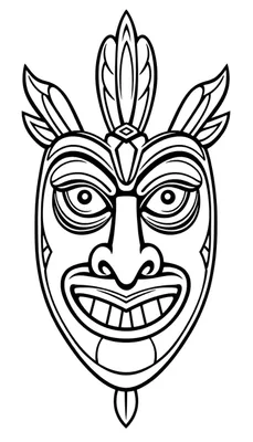 Dessin en noir et blanc d'un masque tribal stylisé, avec des ornements en haut et en bas, de grands yeux ronds, un nez fin et une large bouche ouverte montrant des dents.